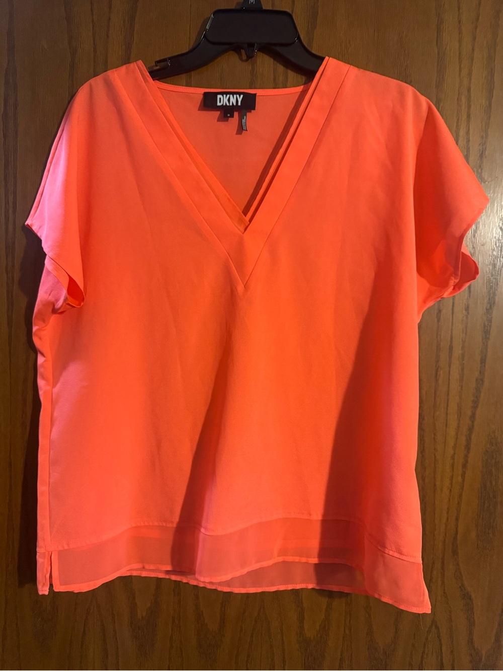 DKNY V-Neck Short Sleeve Blouse - Coral Orange
